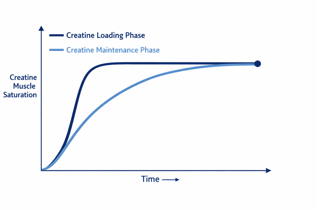 Creatine loading vs maintenance phase line graph showing faster muscle saturation with loading but identical final creatine levels over time.