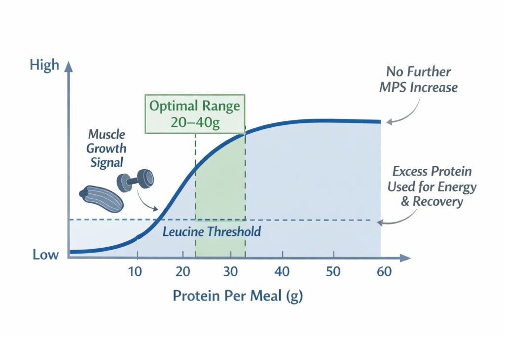 Diagram illustrating the dose–response relationship between protein per meal and muscle protein synthesis