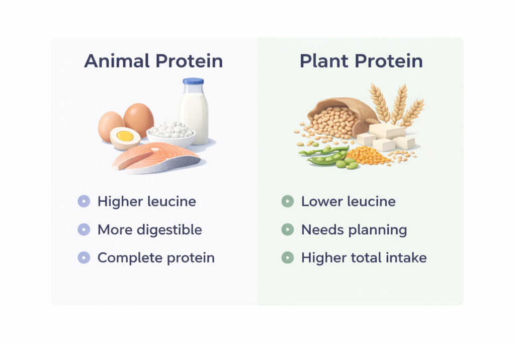 Animal vs plant protein sources in relation to muscle growth, amino acid profile.