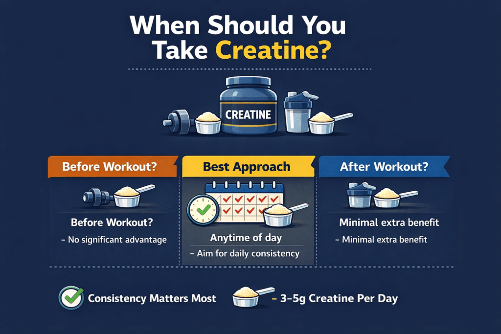 Creatine timing infographic showing that daily intake matters more than taking creatine before or after training