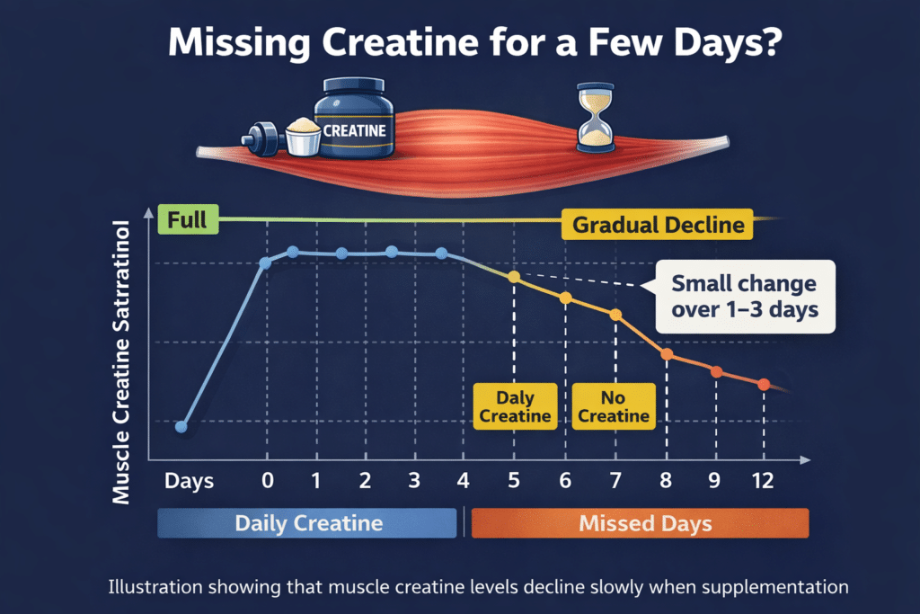 Illustration explaining what happens if you miss creatine for a few days and why muscle creatine levels decline slowly.