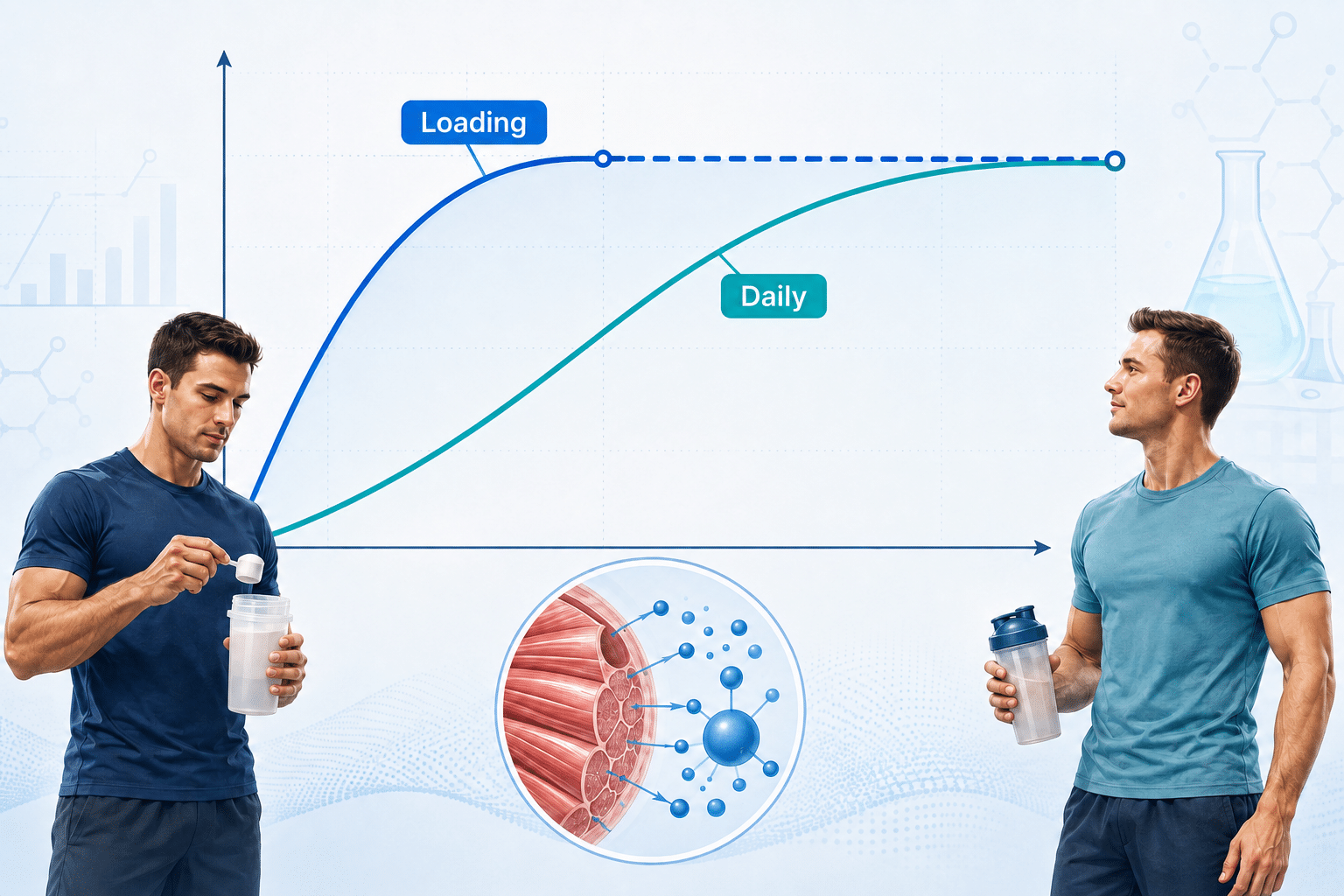 Creatine loading and daily dosing curves showing that loading saturates muscle creatine stores faster while both approaches reach a similar level.