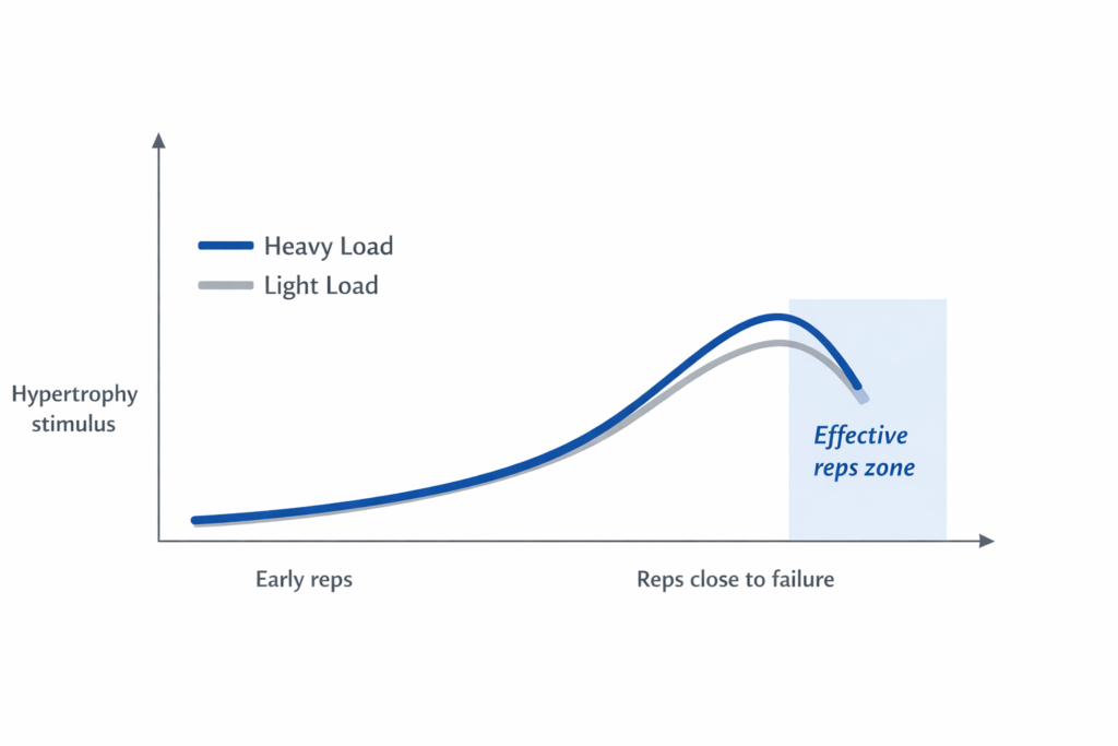 Diagram illustrating how effective reps for hypertrophy increase as a set gets closer to failure.