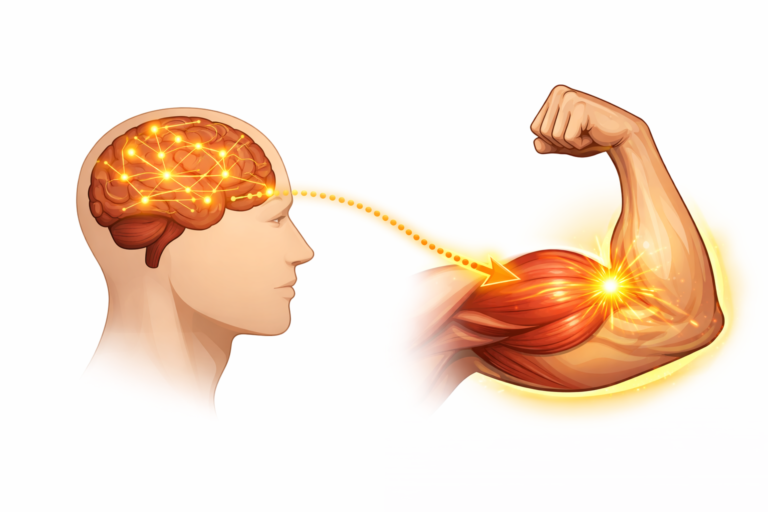 Illustration showing the mind muscle connection, where neural focus from the brain activates the biceps muscle during resistance training