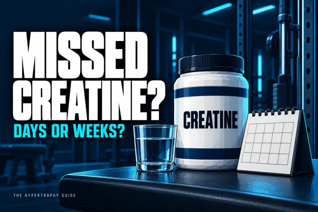 Illustration of a creatine container, glass of water and calendar beside the text “Missed Creatine? Days or Weeks?”
