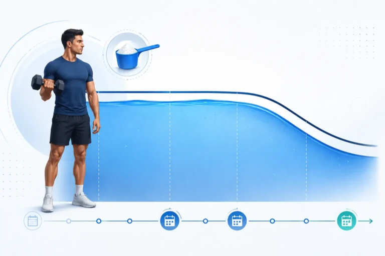 Illustration showing elevated muscle creatine stores remaining high for several missed days before declining gradually.