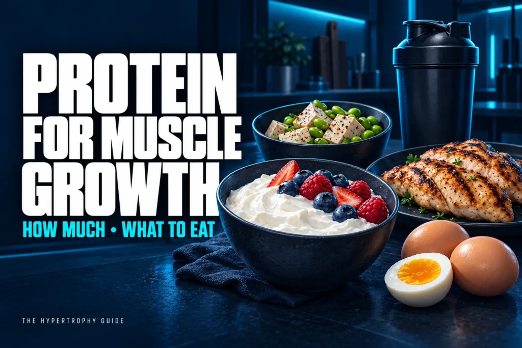 Protein-rich foods including skyr, chicken, tofu and eggs beside a shaker on a dark blue countertop.