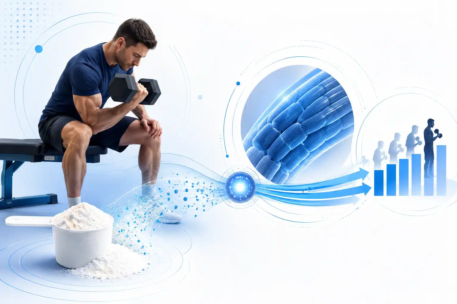Creatine monohydrate illustration connecting supplementation with muscle energy availability and repeated high-intensity training performance.
