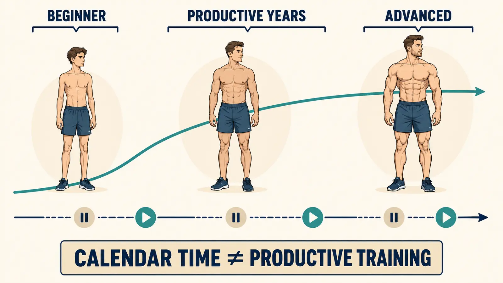 Natural muscle gain progression from beginner to advanced, showing that calendar time is not the same as productive training.