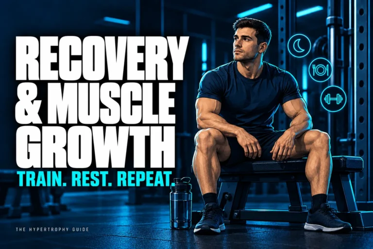 Illustration of an athlete resting on a gym bench beside symbols for sleep, nutrition and training, with the heading Recovery & Muscle Growth.