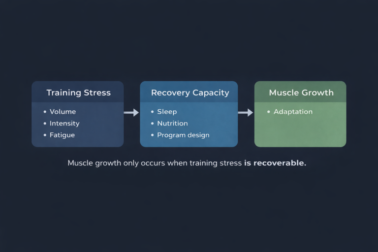 Recovery and muscle growth diagram showing how training stress, recovery capacity, and adaptation are connected.