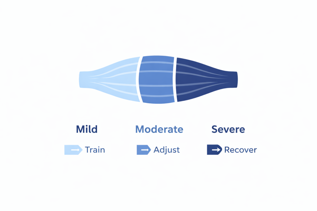 DOMS diagram showing mild, moderate, and severe muscle soreness with training recommendations