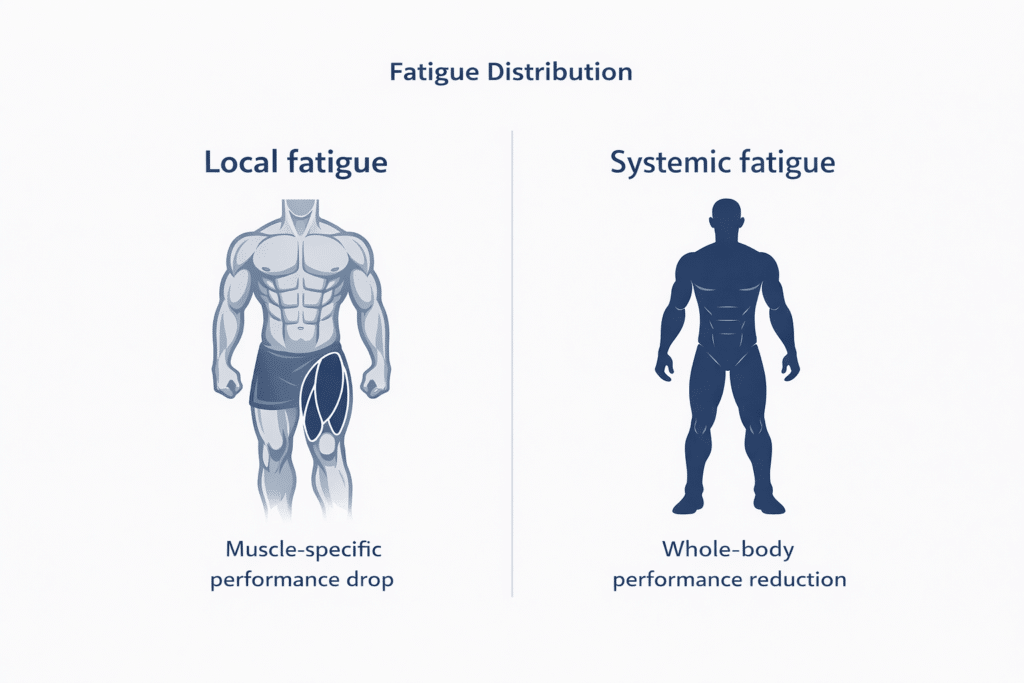 Systemic vs local fatigue diagram illustrating difference between muscle-specific fatigue and whole-body performance reduction in strength training.