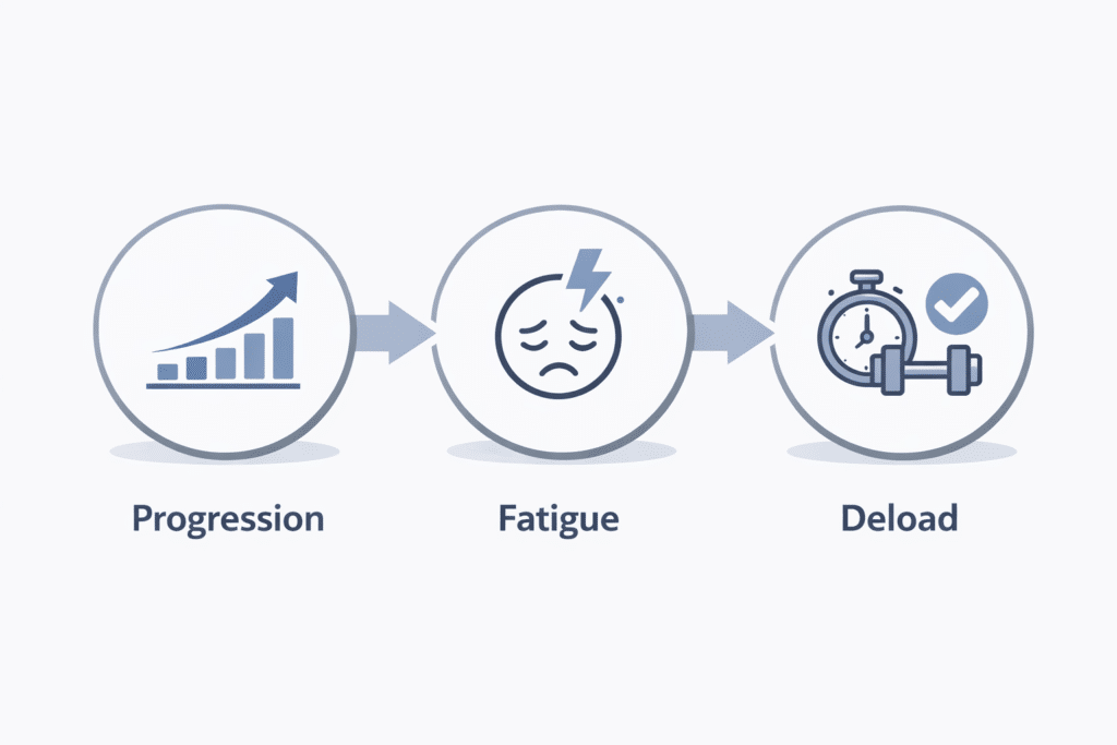 Hypertrophy phase diagram showing progression, fatigue, and deload phases in a training cycle