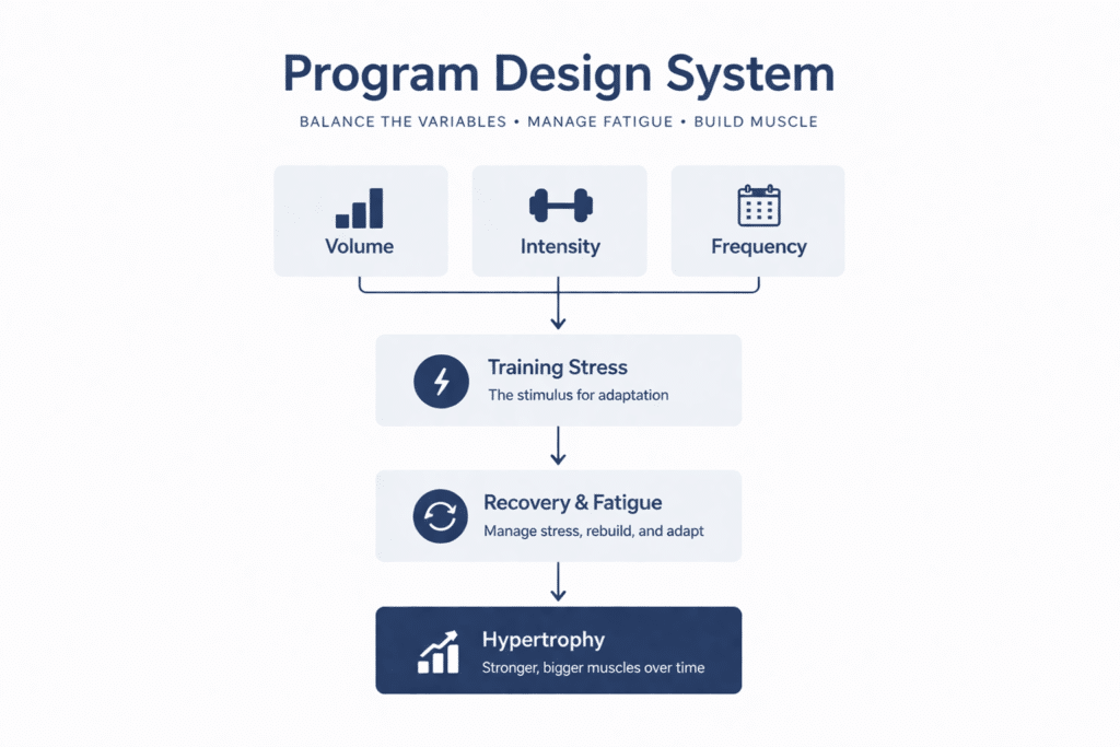 hypertrophy training program structure diagram showing volume, intensity, frequency, training stress, recovery and muscle growth