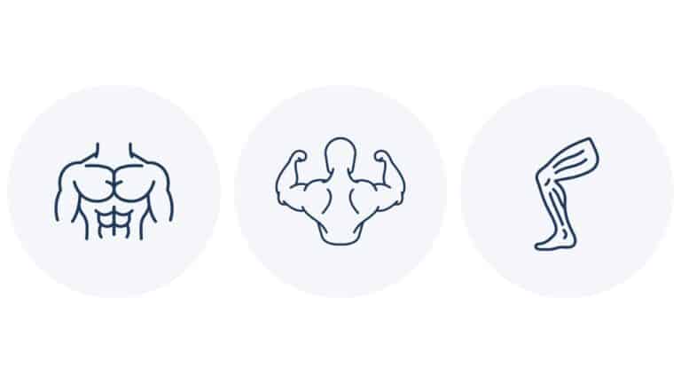 Push pull legs hypertrophy thumbnail with three minimalist icons representing push, pull, and legs training