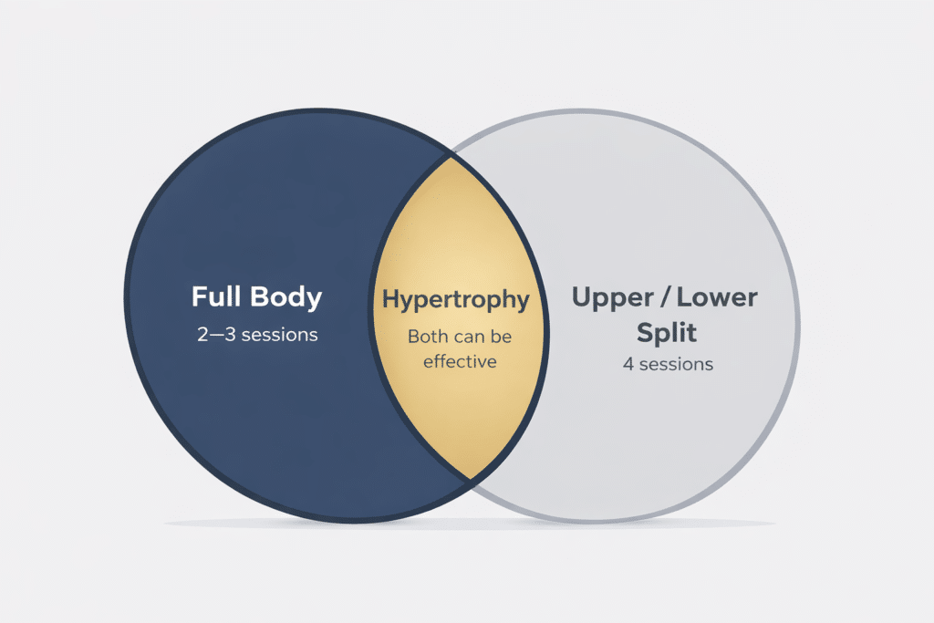 Full body vs upper lower split diagram showing differences in training frequency, volume distribution, and fatigue for hypertrophy