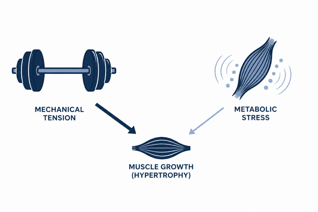Mechanical tension vs metabolic stress diagram for hypertrophy showing why tension is the primary driver of muscle growth.