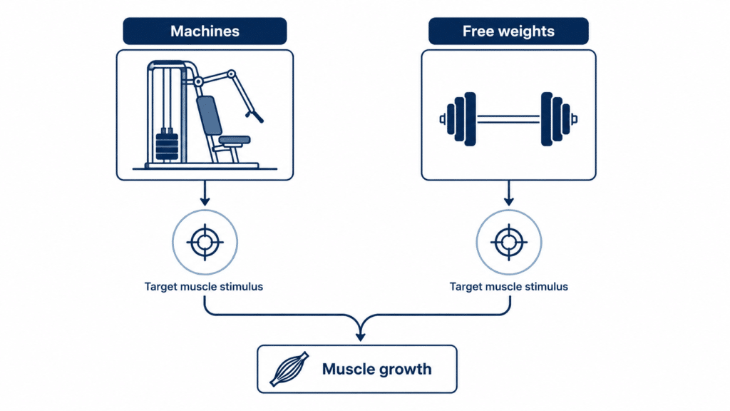 machines vs free weights for hypertrophy diagram showing both leading to muscle growth
