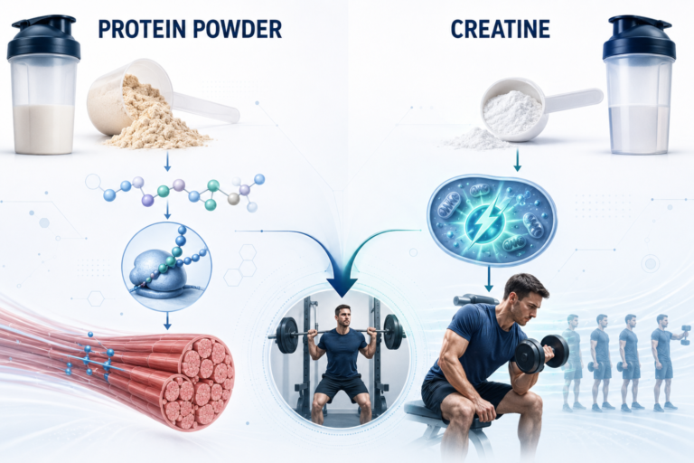 Protein powder supplying amino acids for muscle tissue compared with creatine supporting cellular energy and repeated high-intensity training.