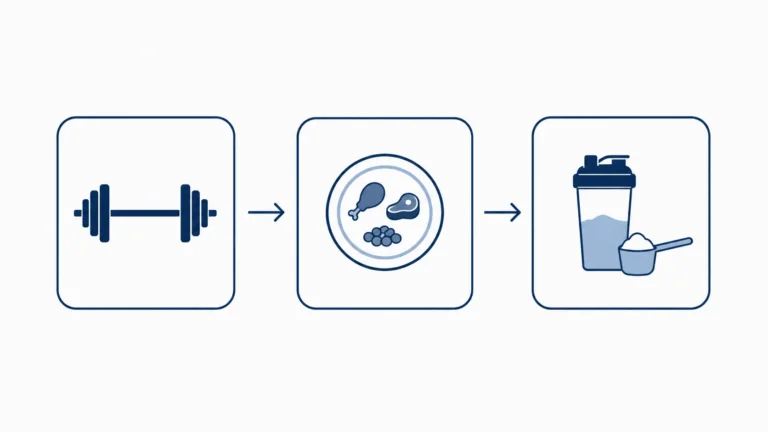 Minimalist diagram showing resistance training, dietary protein intake, and whey protein as a convenient tool for reaching daily protein targets that support muscle growth.