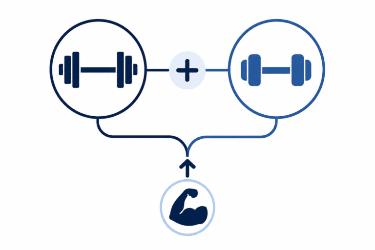 Minimalist vector illustration comparing compound and isolation exercises for muscle growth.