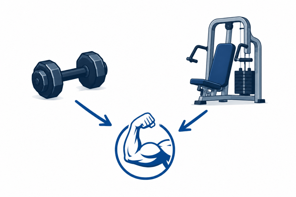 Minimalist diagram showing free weights and machines as tools for muscle growth.