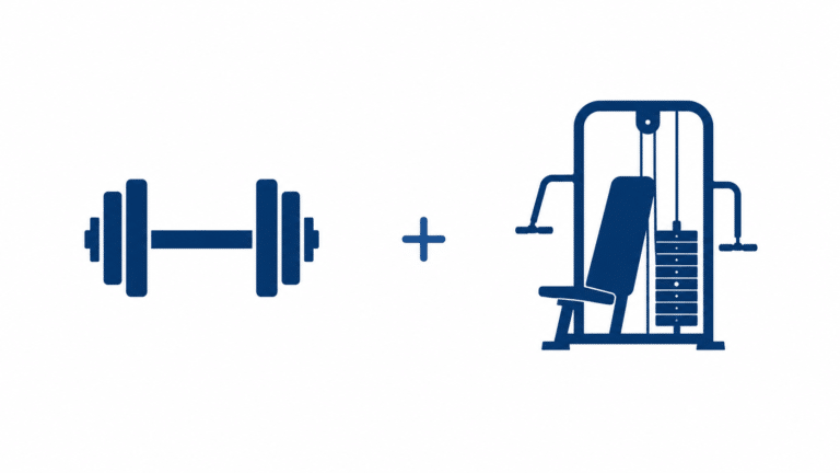 Minimalist vector illustration comparing free weights and machines for muscle growth.