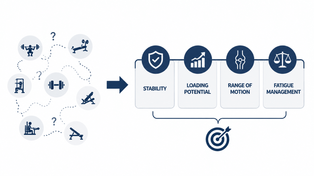 Minimalist diagram showing how to choose exercises for muscle growth using stability, loading potential, range of motion, and fatigue management.