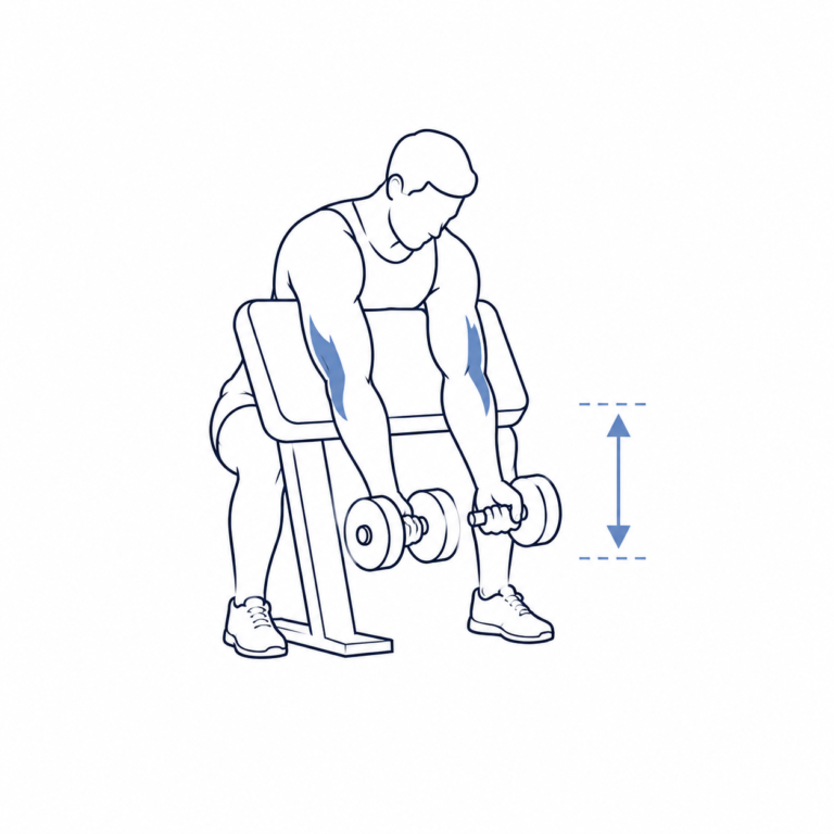 Minimalist illustration of a preacher curl performed using lengthened partial repetitions for muscle growth.