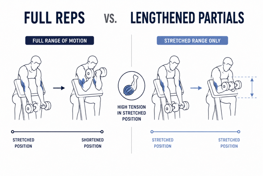 Illustration comparing full range of motion repetitions and lengthened partial repetitions during preacher curls for muscle growth.
