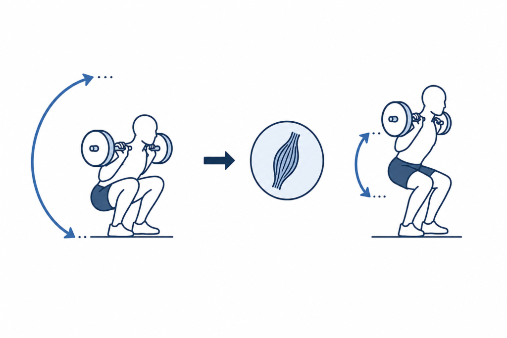 Minimalist diagram comparing full and partial range of motion for muscle growth.