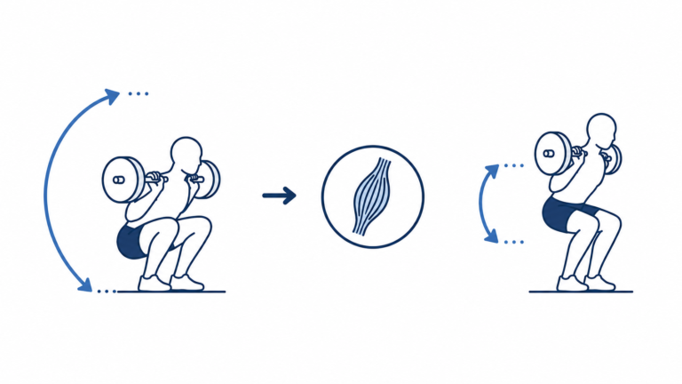 Minimalist vector illustration showing full and partial range of motion in resistance training.
