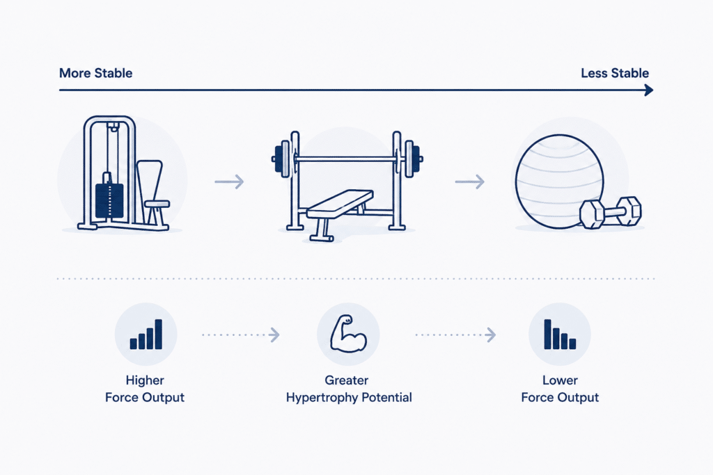 Minimalist vector illustration representing stable vs unstable exercises for hypertrophy.