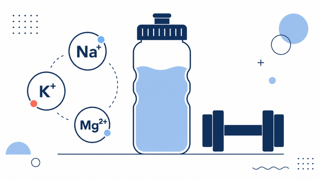 Electrolytes for strength training represented by a water bottle, electrolyte ions, and a dumbbell