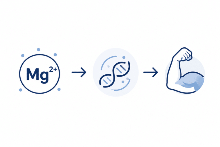 Minimal vector illustration showing magnesium (Mg²⁺), cellular function, and muscle growth.