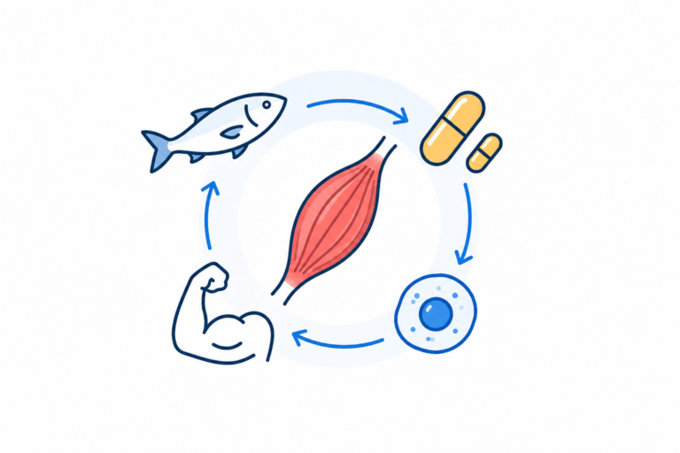 Minimal vector illustration of omega-3, fish oil capsules, and muscle growth.