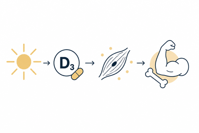 Vector illustration showing vitamin D, sunlight, muscle function, and strength training.