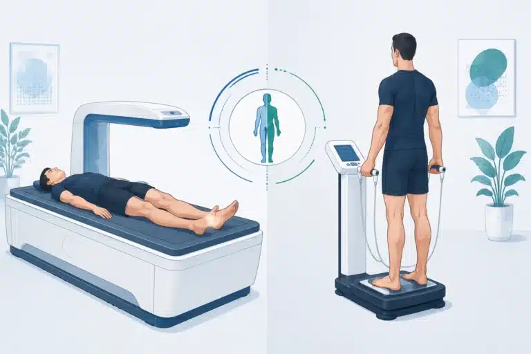 Side-by-side illustration of a DEXA scanner and an InBody bioelectrical impedance analyzer for body composition testing