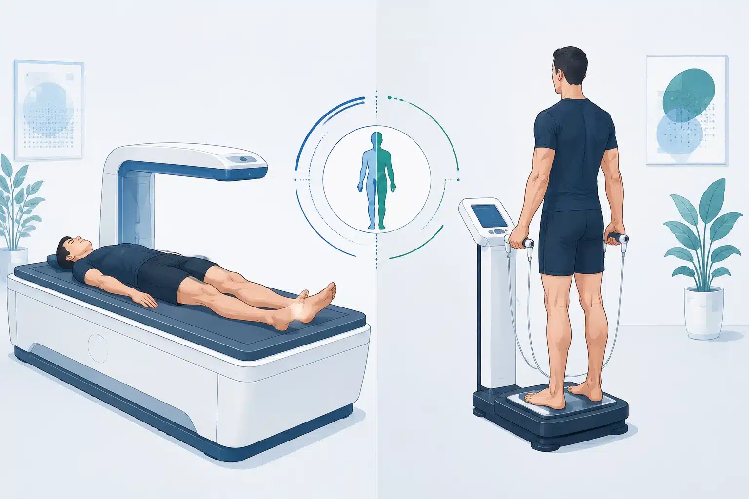 Side-by-side illustration of a DEXA scanner and an InBody bioelectrical impedance analyzer for body composition testing
