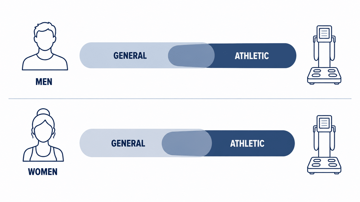 FFMI reference contexts for men and women showing overlap between general and athletic populations.