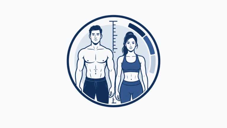 FFMI illustration showing trained male and female physiques beside a height marker.