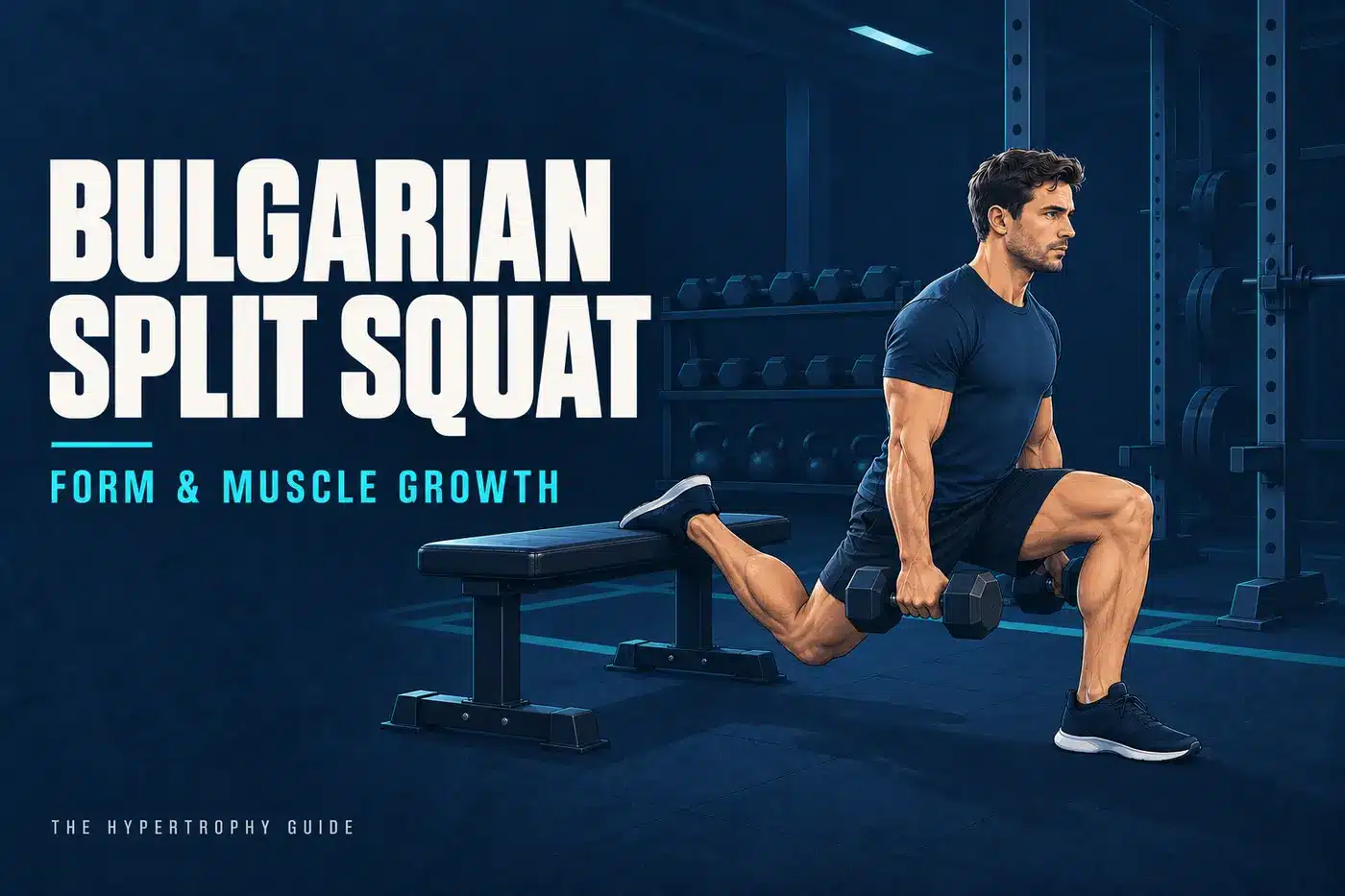 Lifter performing a Bulgarian split squat with dumbbells and the rear foot elevated on a bench