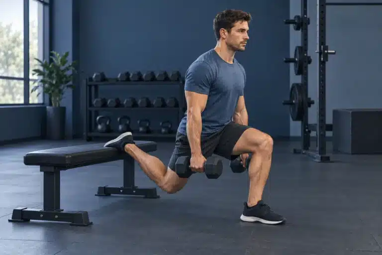 Lifter performing a Bulgarian split squat with dumbbells and the rear foot elevated on a bench