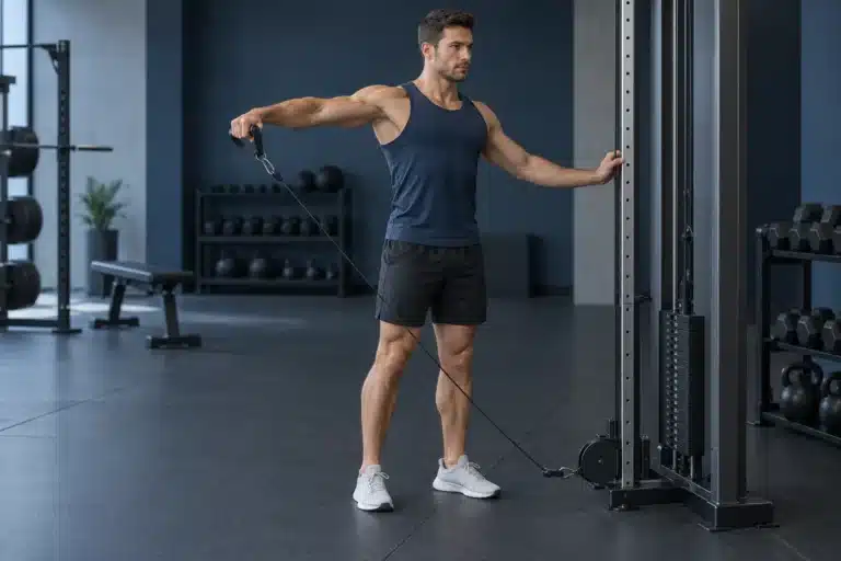 Lifter performing a one-arm cable lateral raise with the cable set low