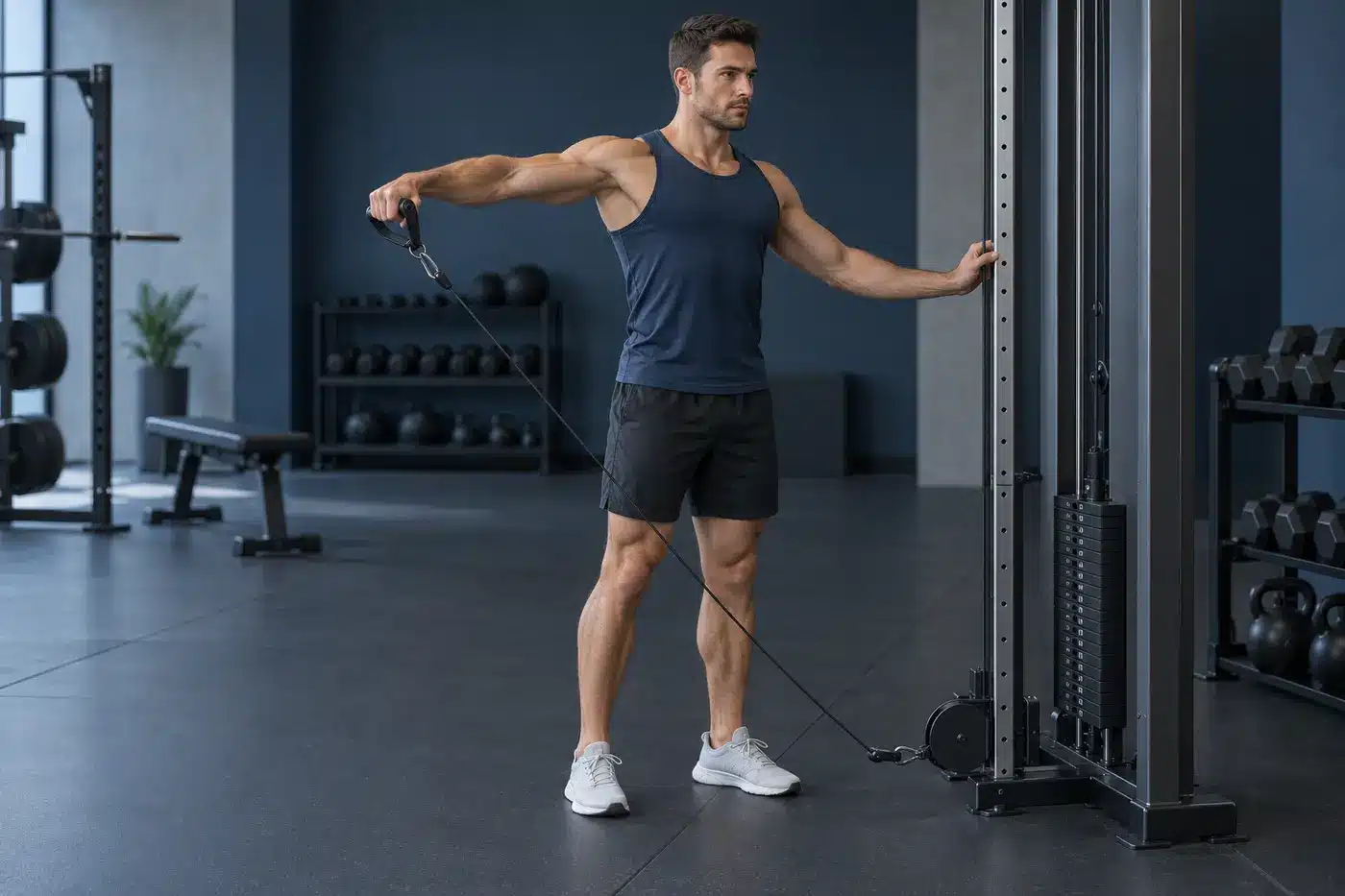 Lifter performing a one-arm cable lateral raise with the cable set low