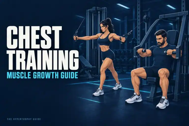 Illustrated lifters performing a chest press and cable fly in a dark gym