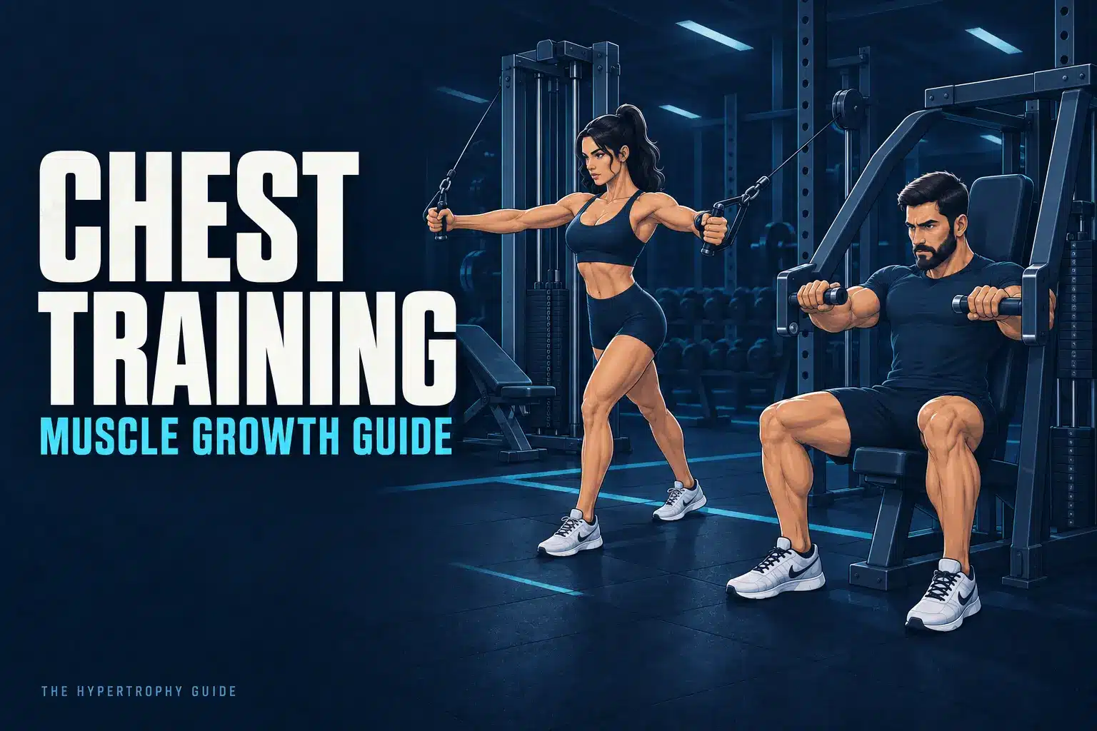 Illustrated lifters performing a chest press and cable fly in a dark gym