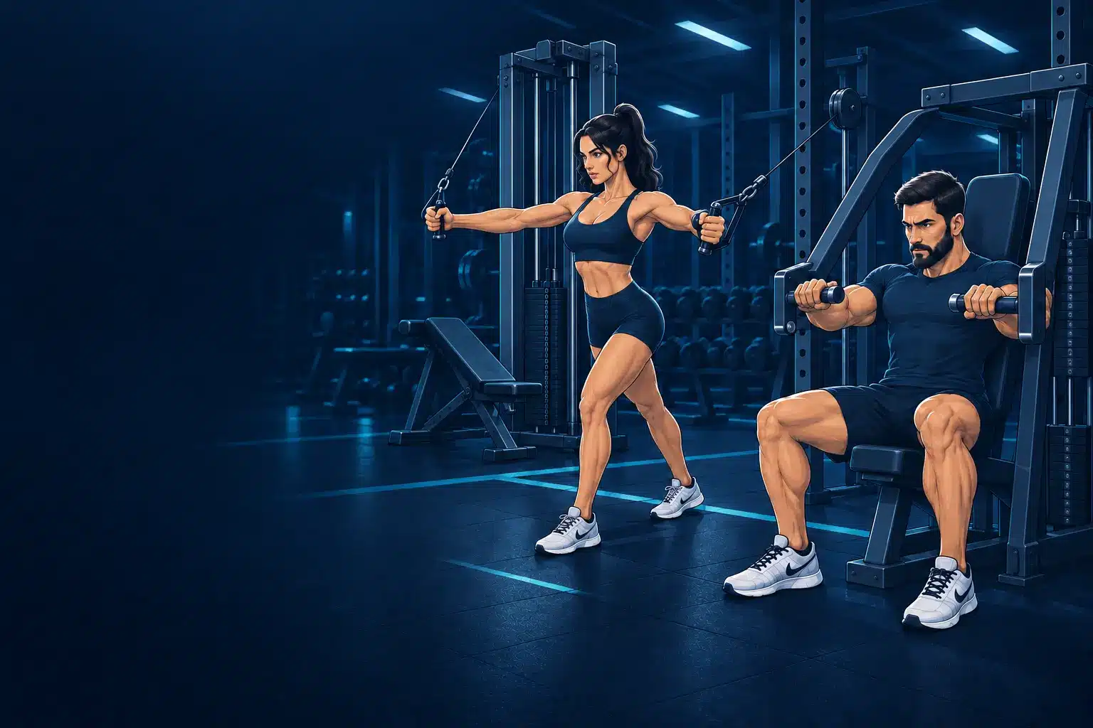 Athletes performing a machine chest press and cable fly in a dark gym