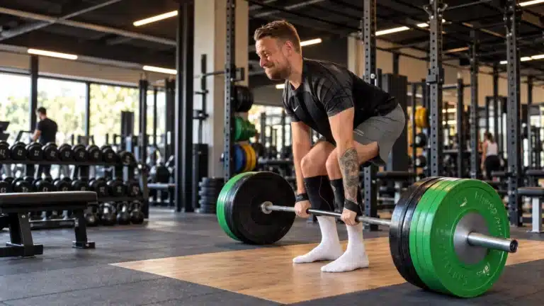 Lifter performing a barbell deadlift during a full-body workout for hypertrophy
